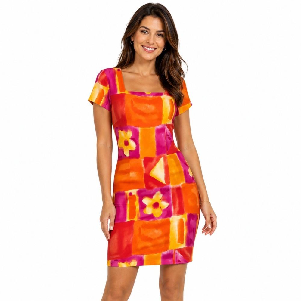 Vintage Jessica Howard Pink Orange Abstract Rayon Sheath Dress Made in USA